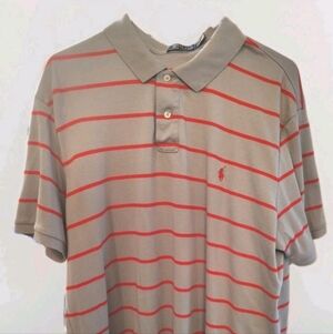 Ralph Lauren Men's Beige and Red Striped Polo Shirt